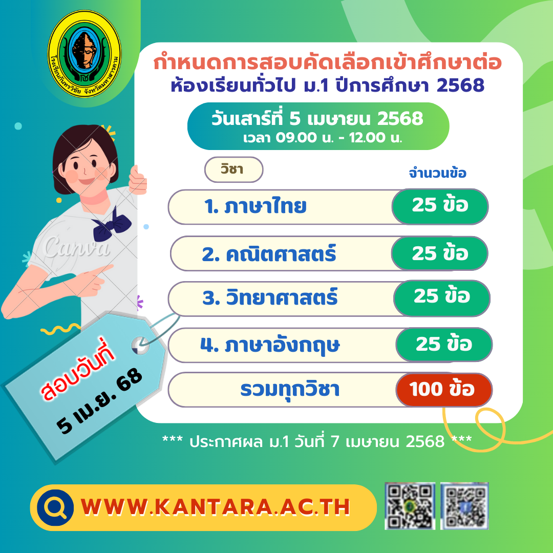 ประกาศโรงเรียนกันทรวิชัย เรื่อง ปฏิทินการรับนักเรียนระดับชั้นมัธยมศึกษาปีที่ 1 และชั้นมัธยมศึกษาปีที่ 4 ปีการศึกษา 2568 ประเภทห้องเรียนทั่วไป (ภายหลังได้รับผลกระทบจากเหตุการณ์ณีแผ่นดินไหว)